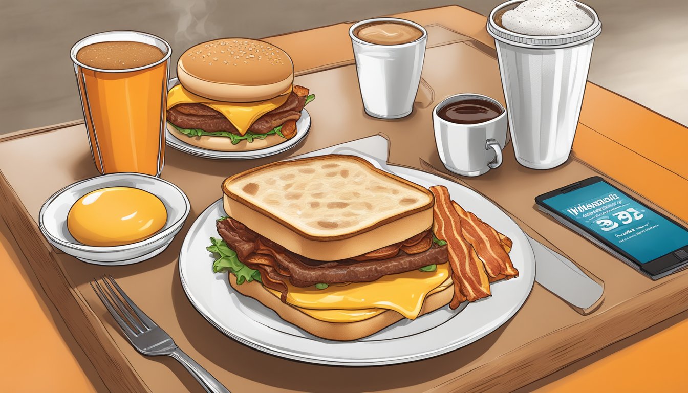 A table set with a Whataburger breakfast meal, including eggs, bacon, toast, and coffee, with prices displayed on a menu board