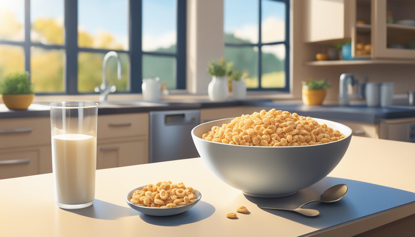 A bowl of Alpha-Bits cereal sits on a kitchen table, surrounded by a carton of milk and a spoon. The morning sunlight streams through the window, casting a warm glow on the scene