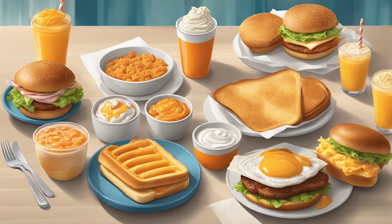 A Whataburger breakfast meal with specialty items and secret menu items displayed on a table in a bright and inviting restaurant setting