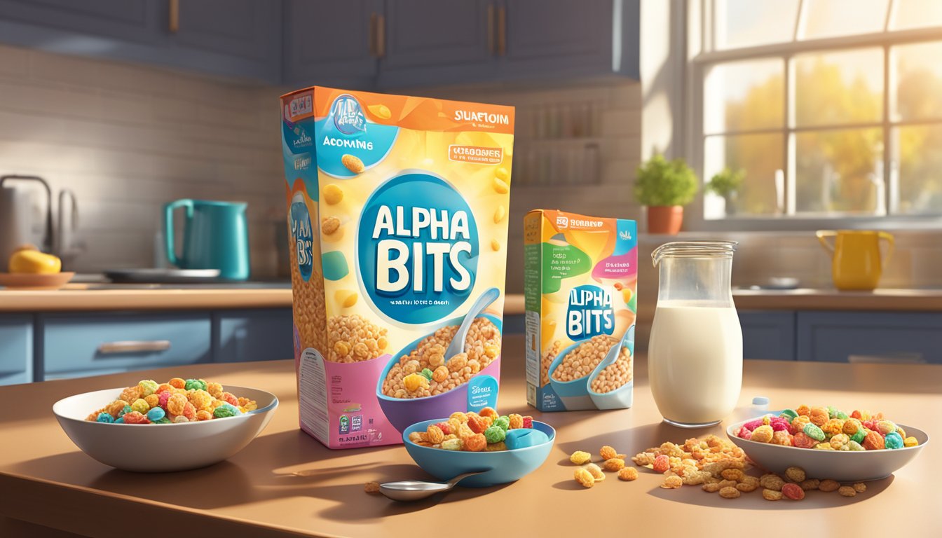 A colorful box of Alpha-Bits cereal sits on a kitchen counter, surrounded by a bowl, spoon, and milk carton. The morning sunlight streams in through the window, casting a warm glow over the scene