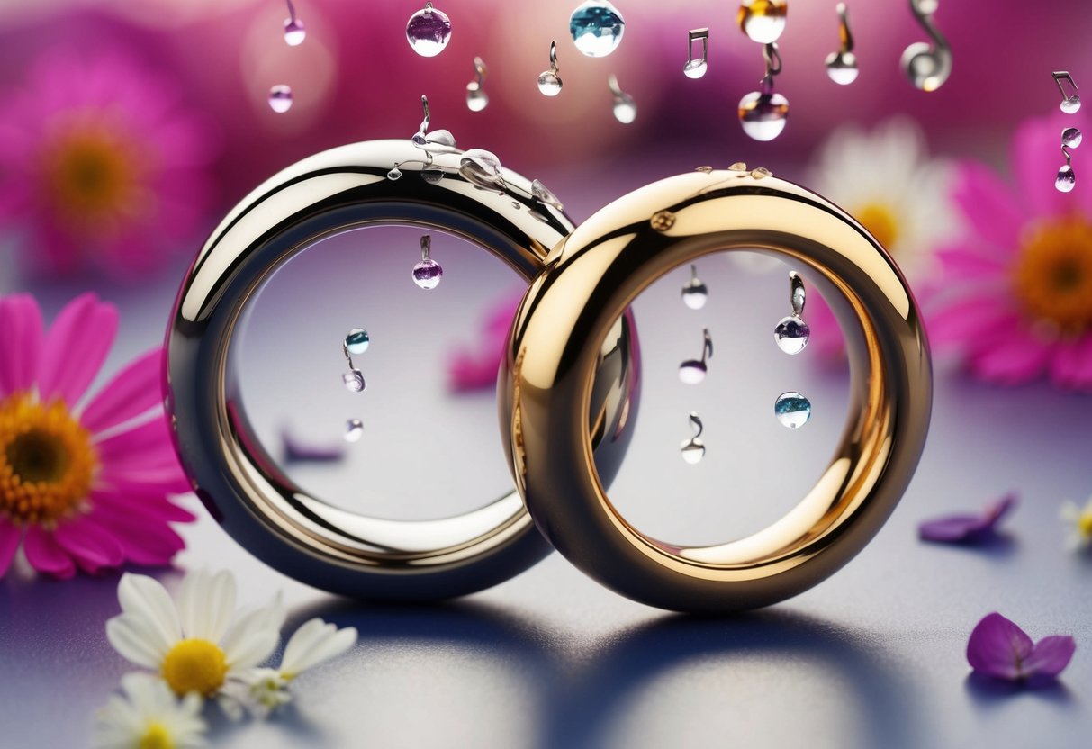 Tears fall as two rings interlock, flowers bloom, and music fills the air