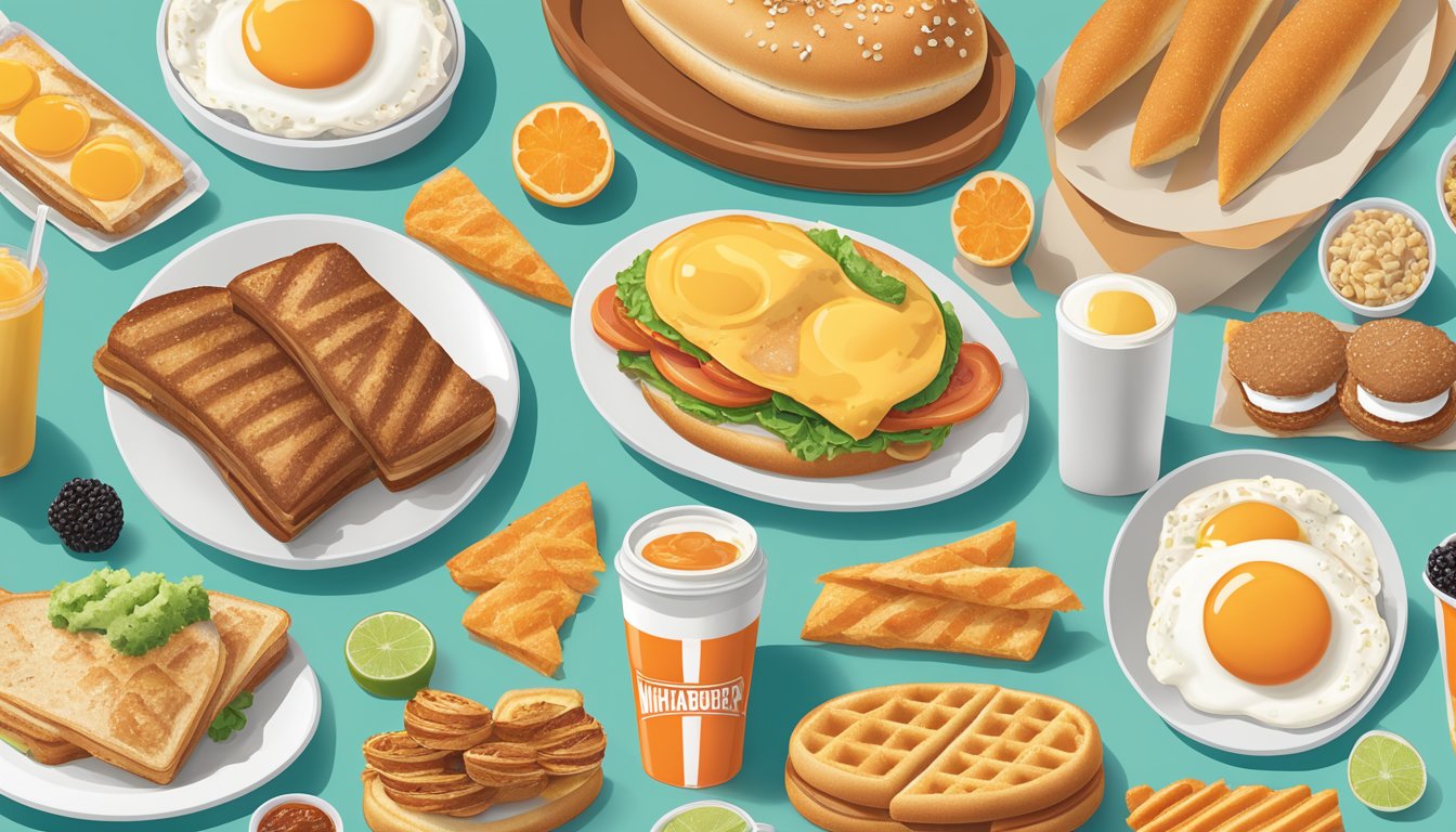 A spread of breakfast items with various dietary options and customizations at Whataburger