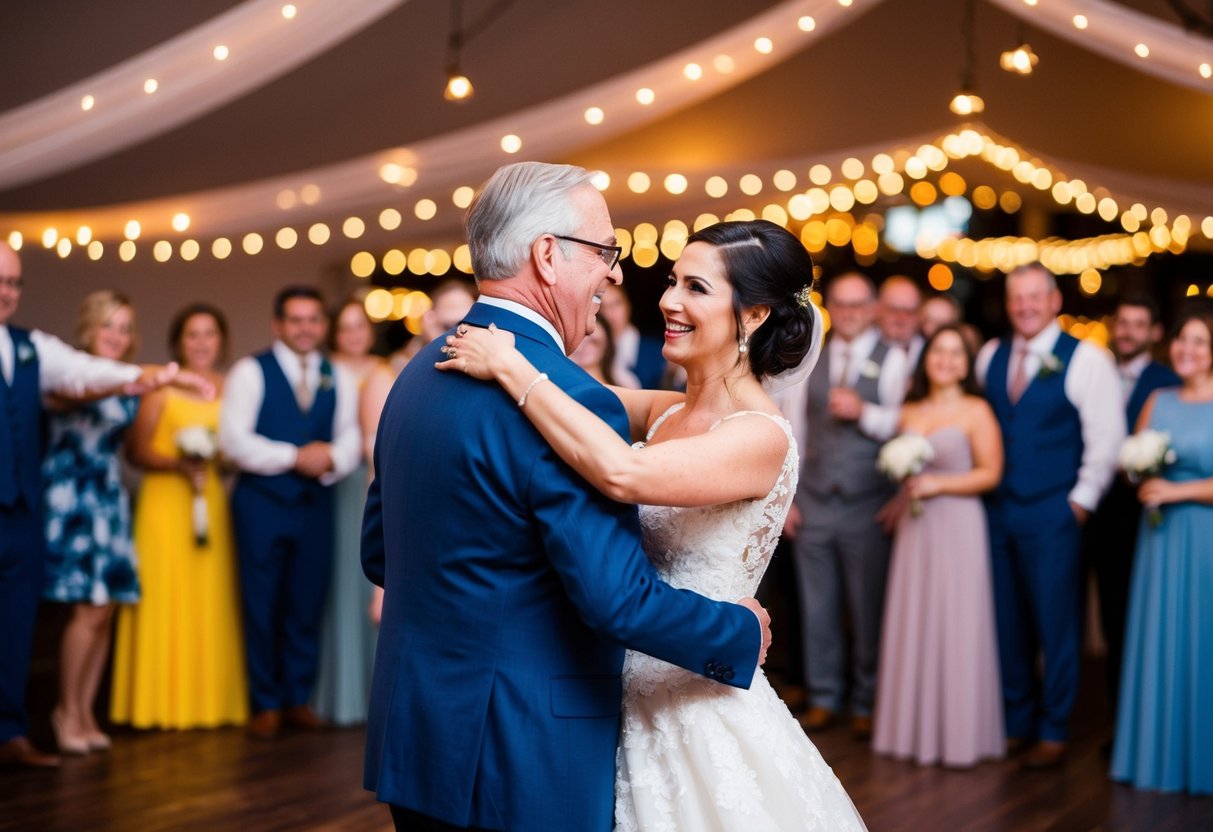 The bride dances with her father first, surrounded by smiling guests and twinkling lights