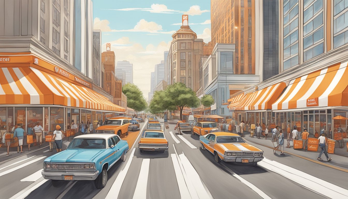 A bustling city street with multiple Whataburger stores lining the block, each with its iconic orange and white striped awning and drive-thru lane