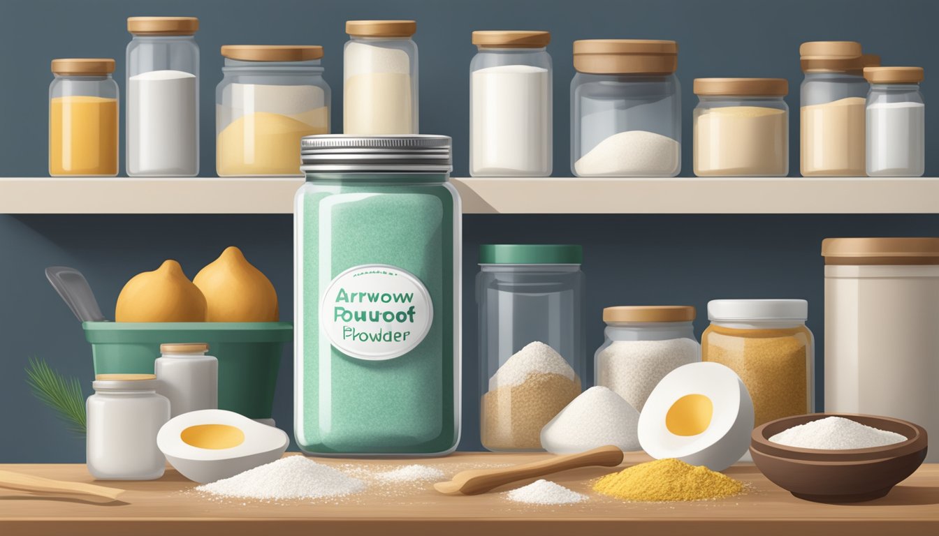 A jar of arrowroot powder sits on a kitchen shelf, surrounded by other baking ingredients. The lid is tightly sealed, and the powder inside is a fine, bright white