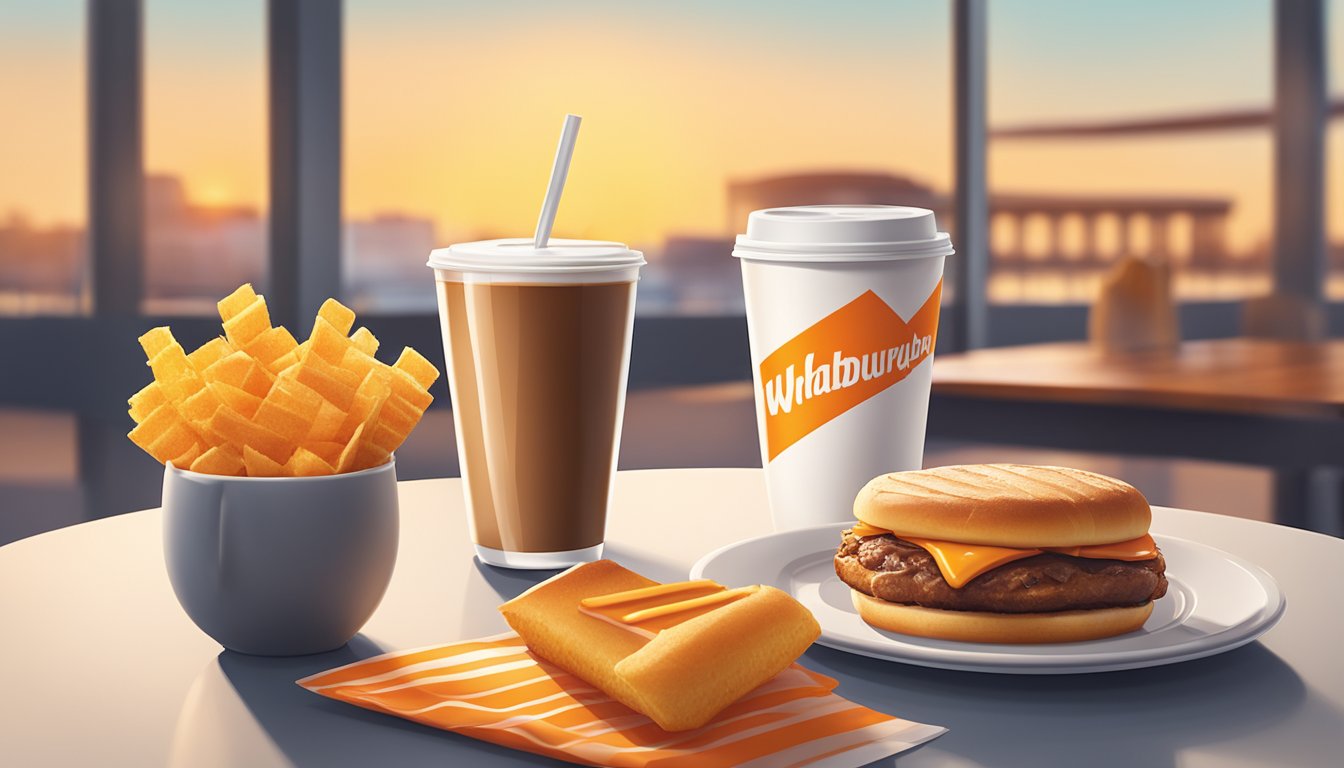 A sunny morning with a WhatABurger breakfast meal displayed on a clean, modern table with a cup of coffee and a warm, inviting ambiance