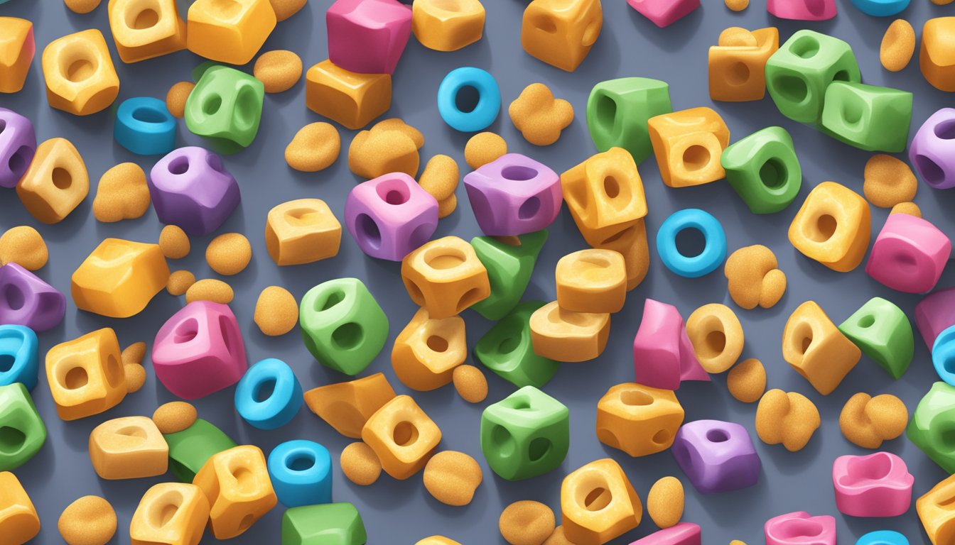 A colorful box of Alpha-Bits cereal surrounded by scattered cereal pieces on a kitchen table