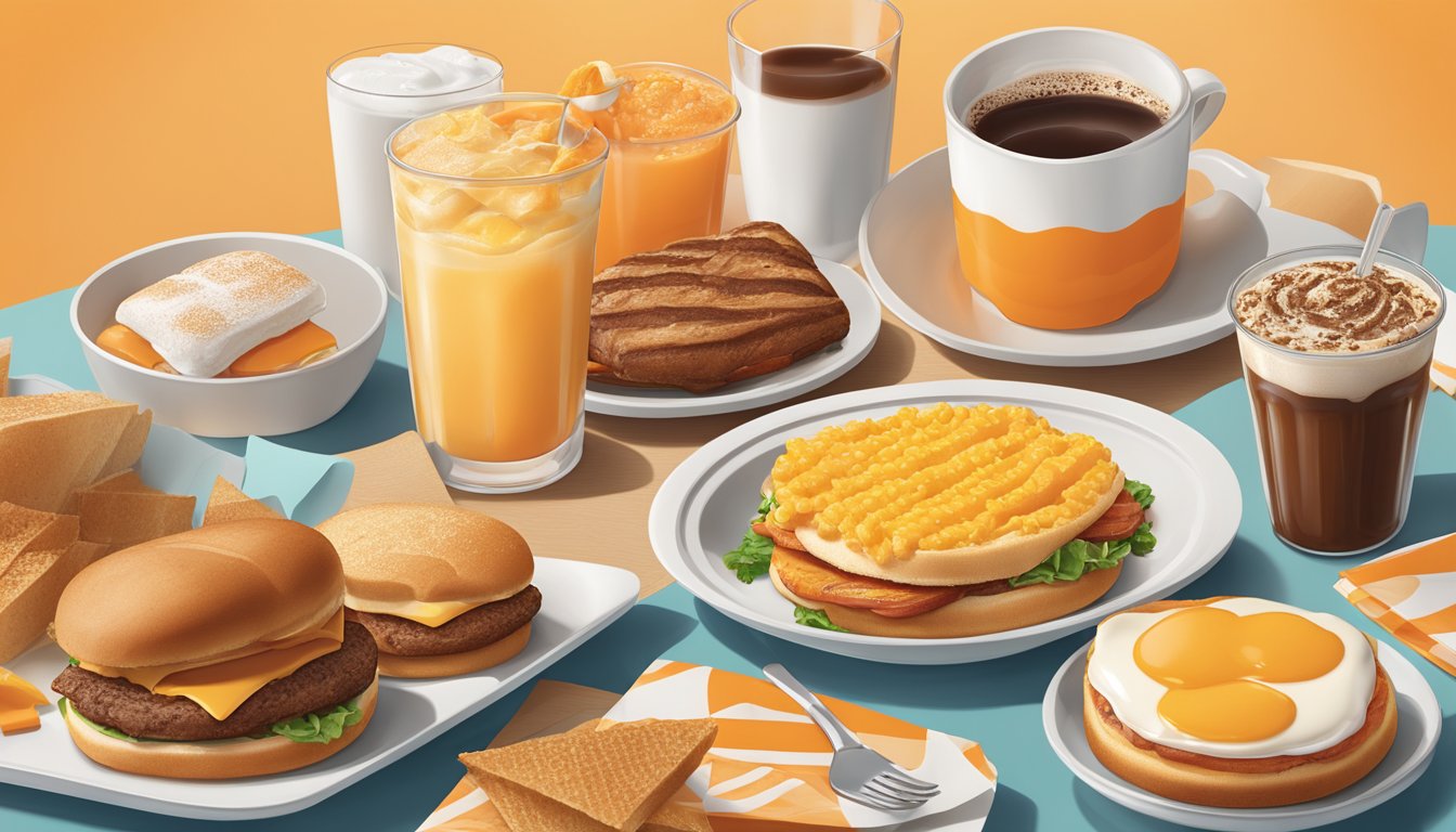 A breakfast meal from Whataburger, featuring beverages and desserts, laid out on a table