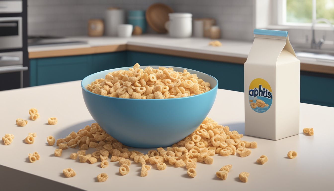 An open box of Alpha-Bits cereal sits on a kitchen counter, surrounded by scattered letters and a spilled bowl of milk