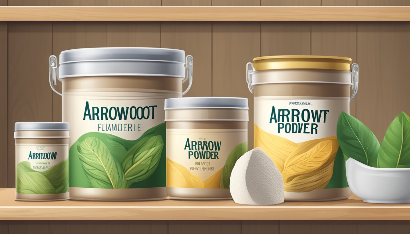 A sealed container of arrowroot powder on a pantry shelf