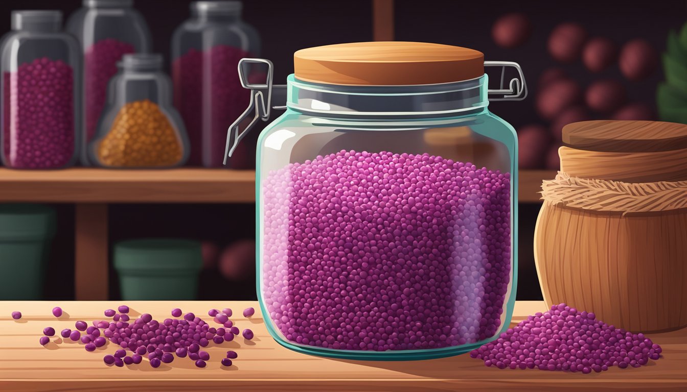 Amaranth seeds stored in a glass jar on a wooden shelf, surrounded by other dry goods