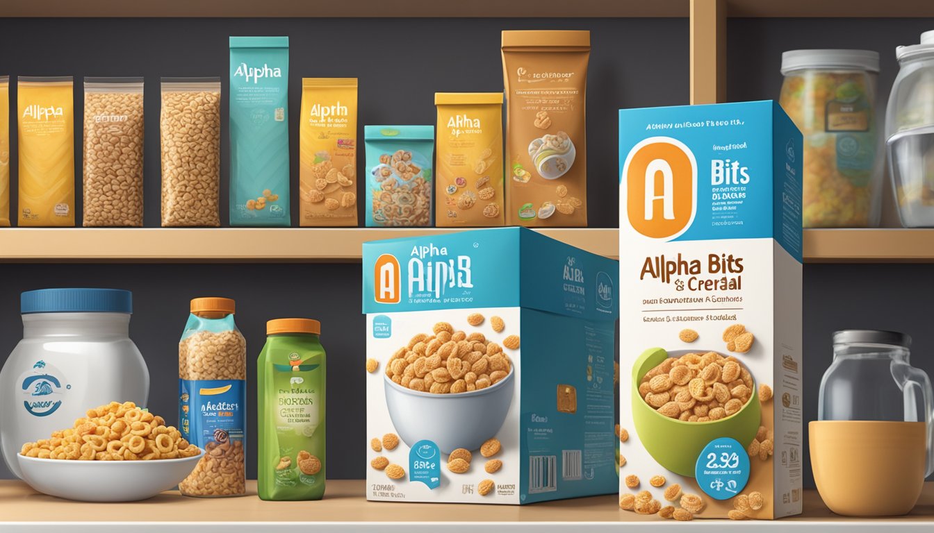 A box of Alpha-Bits cereal sits on a kitchen shelf next to other pantry items, with the expiration date clearly visible on the packaging