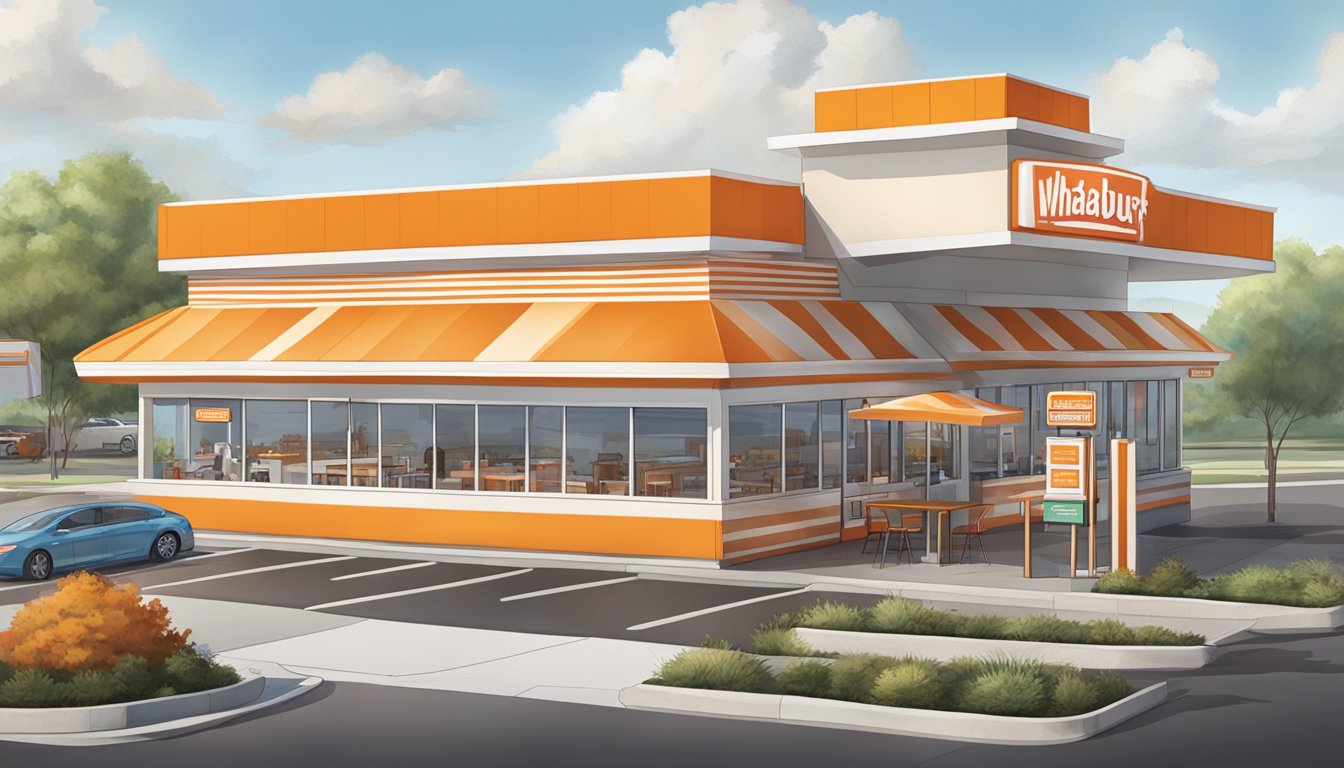 A bustling Whataburger store with the iconic orange and white striped roof, drive-thru lanes, and customers dining inside and outside