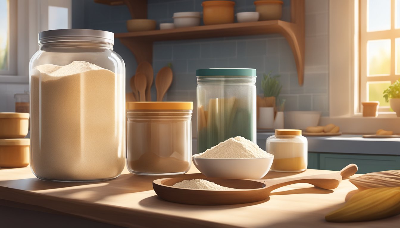 A jar of arrowroot powder sits on a kitchen counter next to a mixing bowl and various baking ingredients. The sunlight streams in through the window, casting a warm glow on the scene