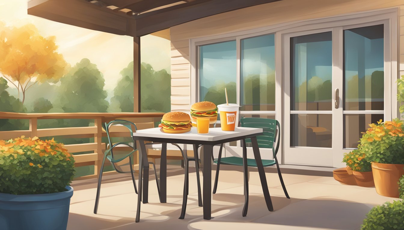 A sunny outdoor patio with a table set with a Beyond Breakfast Whataburger meal, including a breakfast sandwich, hash browns, and a drink