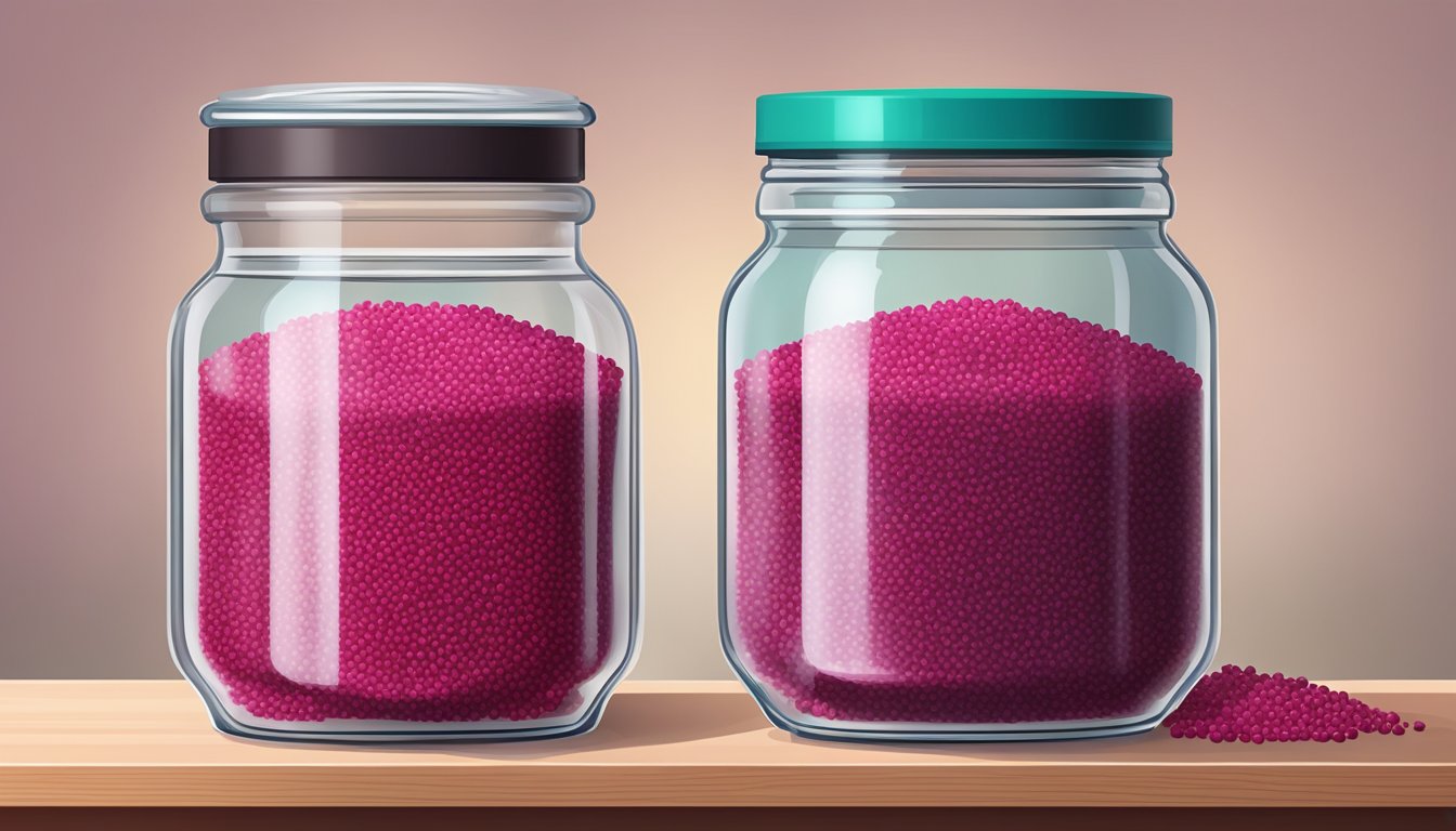 A glass jar filled with amaranth grains, sealed with a lid, placed on a kitchen shelf