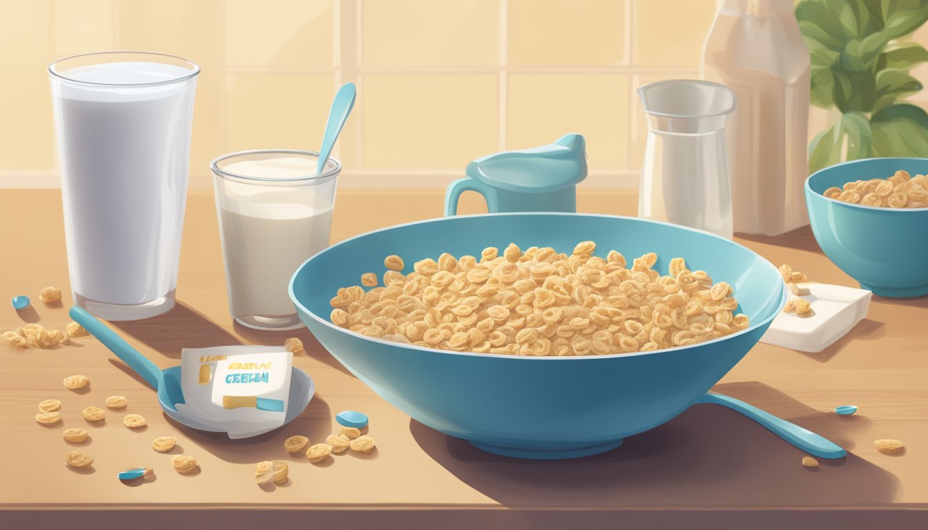 A bowl of Alpha-Bits sits on a kitchen table, surrounded by an empty milk carton and a spoon. The cereal is half-submerged in milk, with a few floating letters