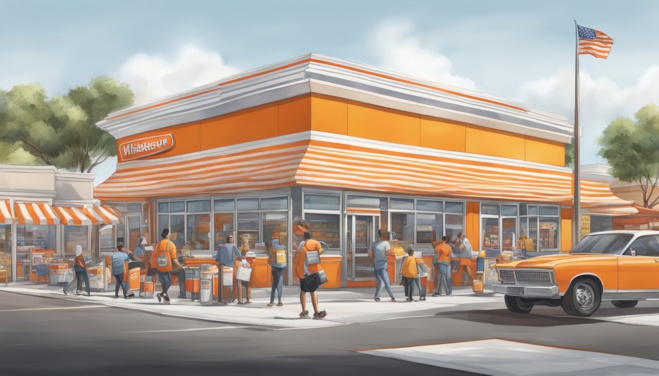 A bustling Whataburger store in a busy market area, surrounded by other fast-food chains and restaurants. The iconic orange and white striped building stands out among the competition