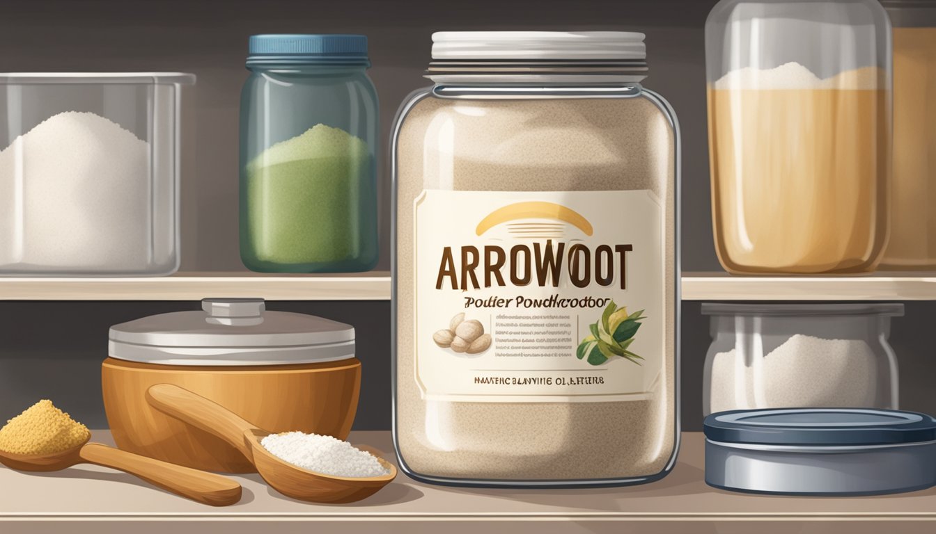 A jar of arrowroot powder sits on a kitchen shelf, surrounded by various food items. The powder inside the jar appears clumpy and discolored, indicating spoilage