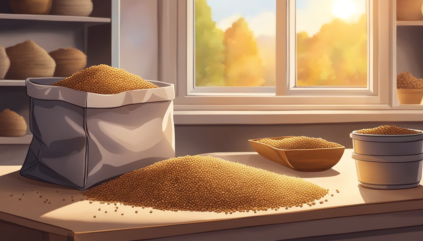 A bag of amaranth seeds sits on a shelf, surrounded by other dry goods. The room is warm and dry, with sunlight streaming in through a nearby window