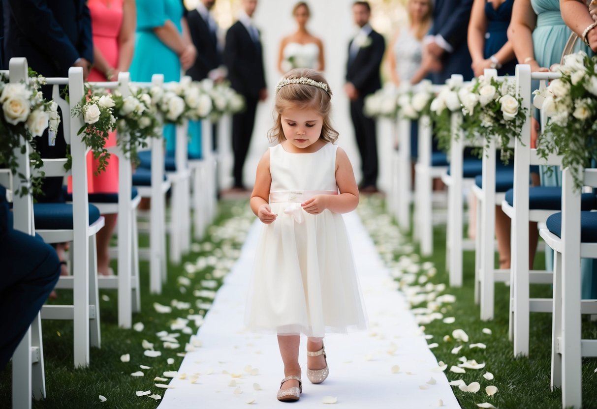 A flower girl scatters petals down the aisle
