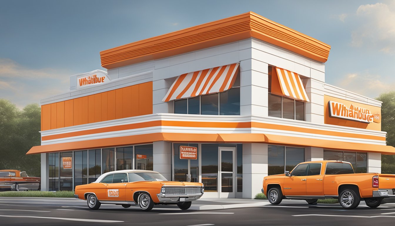 A bustling Whataburger location with a drive-thru, outdoor seating, and iconic orange and white striped building