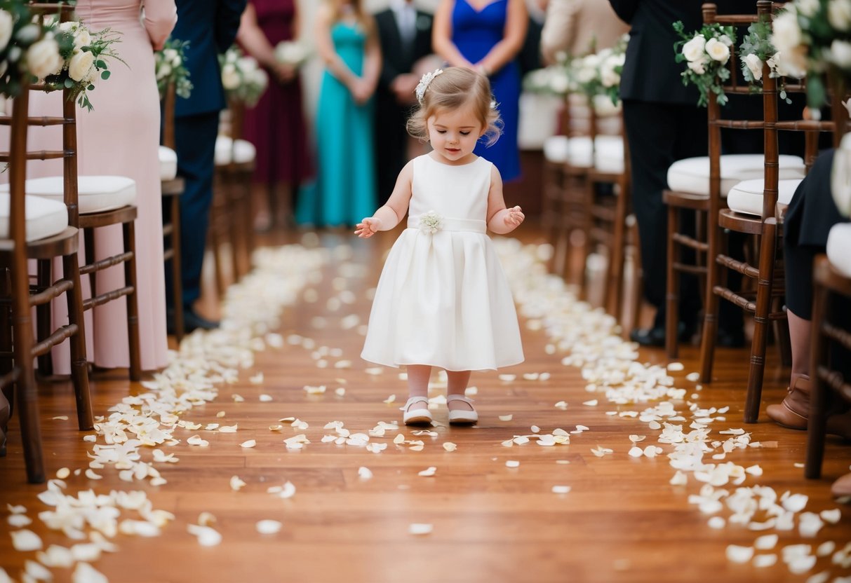 A small flower girl scatters petals along the aisle