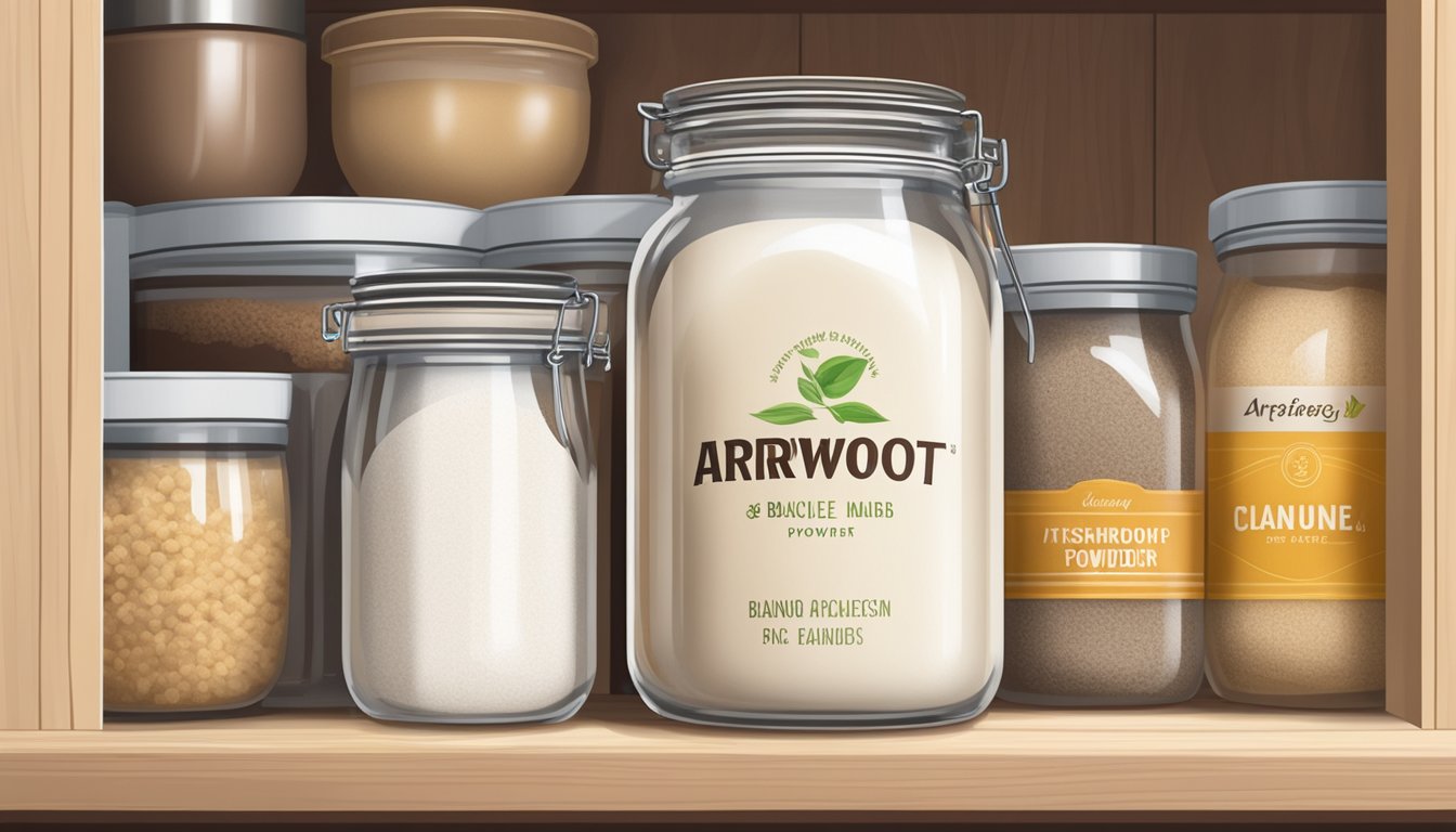 A jar of arrowroot powder sits on a shelf in a pantry, surrounded by other baking ingredients. The lid is tightly sealed, indicating freshness