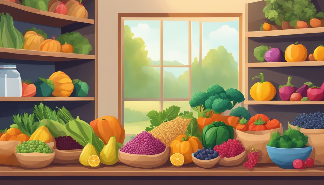 A bag of amaranth grains sits on a shelf, surrounded by colorful fruits and vegetables. The room is filled with natural light, creating a warm and inviting atmosphere