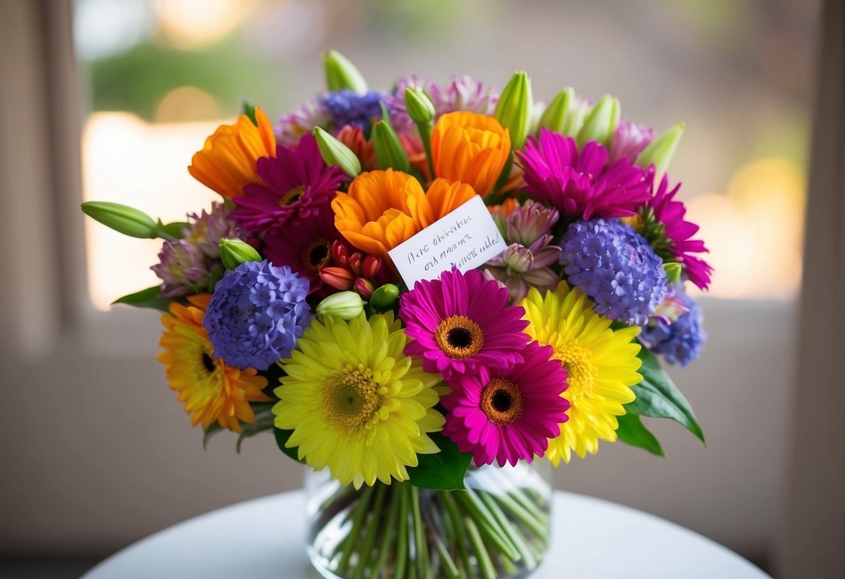 A group of colorful flowers arranged in a beautiful bouquet, with a small note of appreciation attached