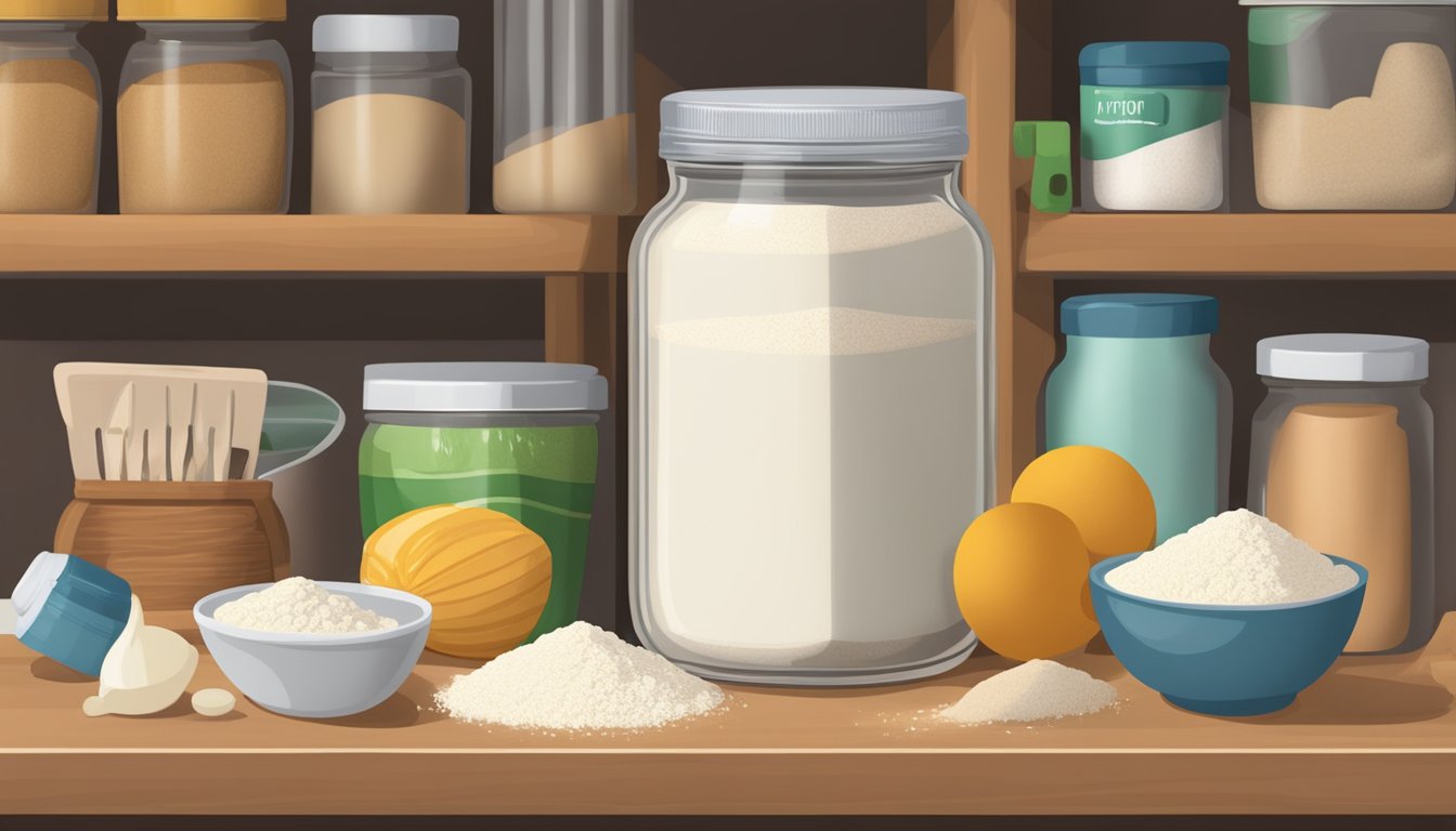 A jar of arrowroot powder sits on a shelf, surrounded by various ingredients and kitchen utensils. The label on the jar indicates the expiration date