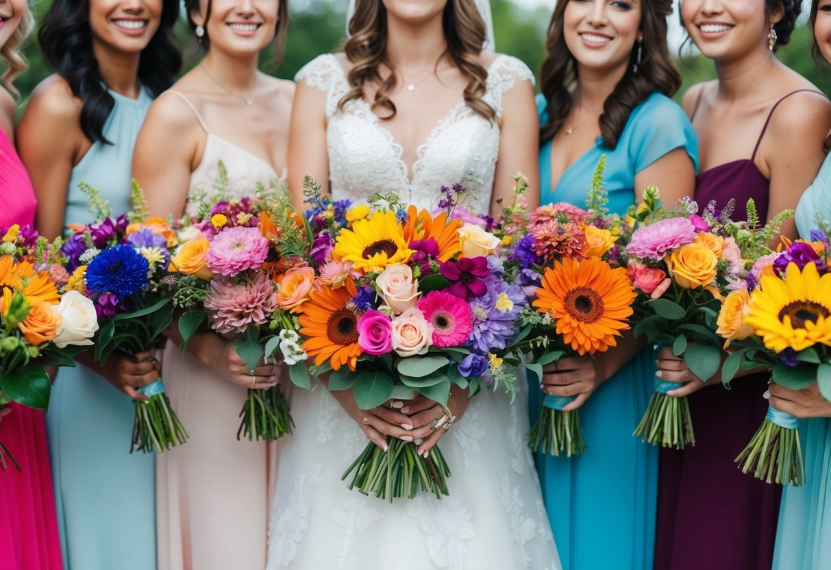 A group of colorful, diverse flowers arranged in a beautiful bouquet, symbolizing the honor and celebration of friends without traditional bridesmaids