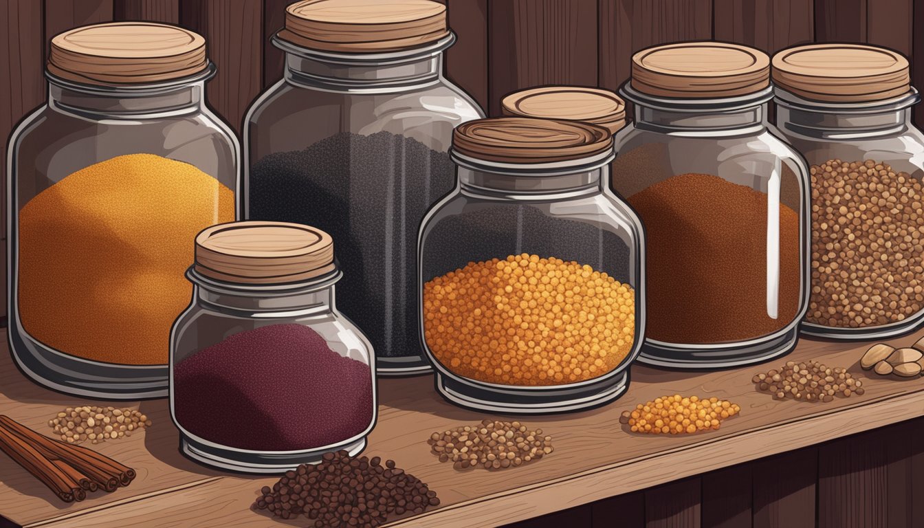 A bag of amaranth grains sits on a pantry shelf, surrounded by jars of spices and other dry goods. The grains are small and round, with a deep reddish-brown color