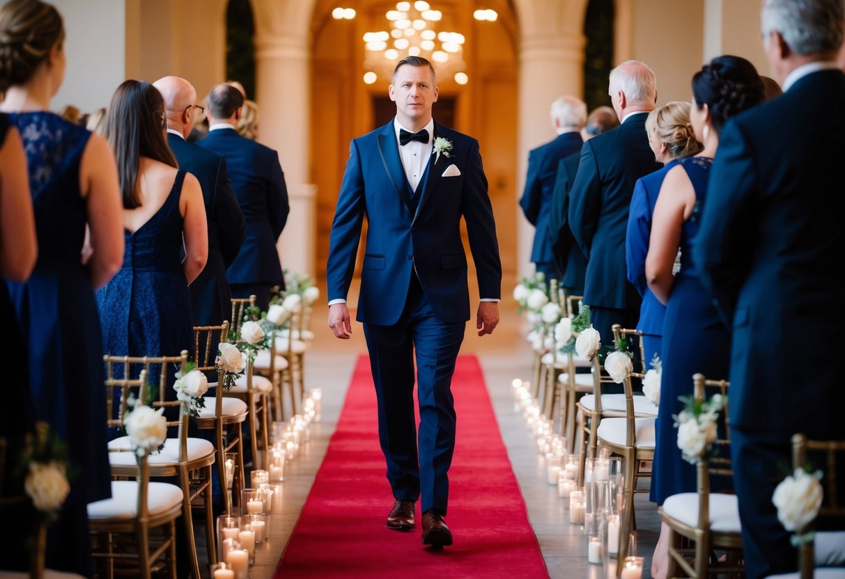 A figure in formal attire leads the way down the aisle