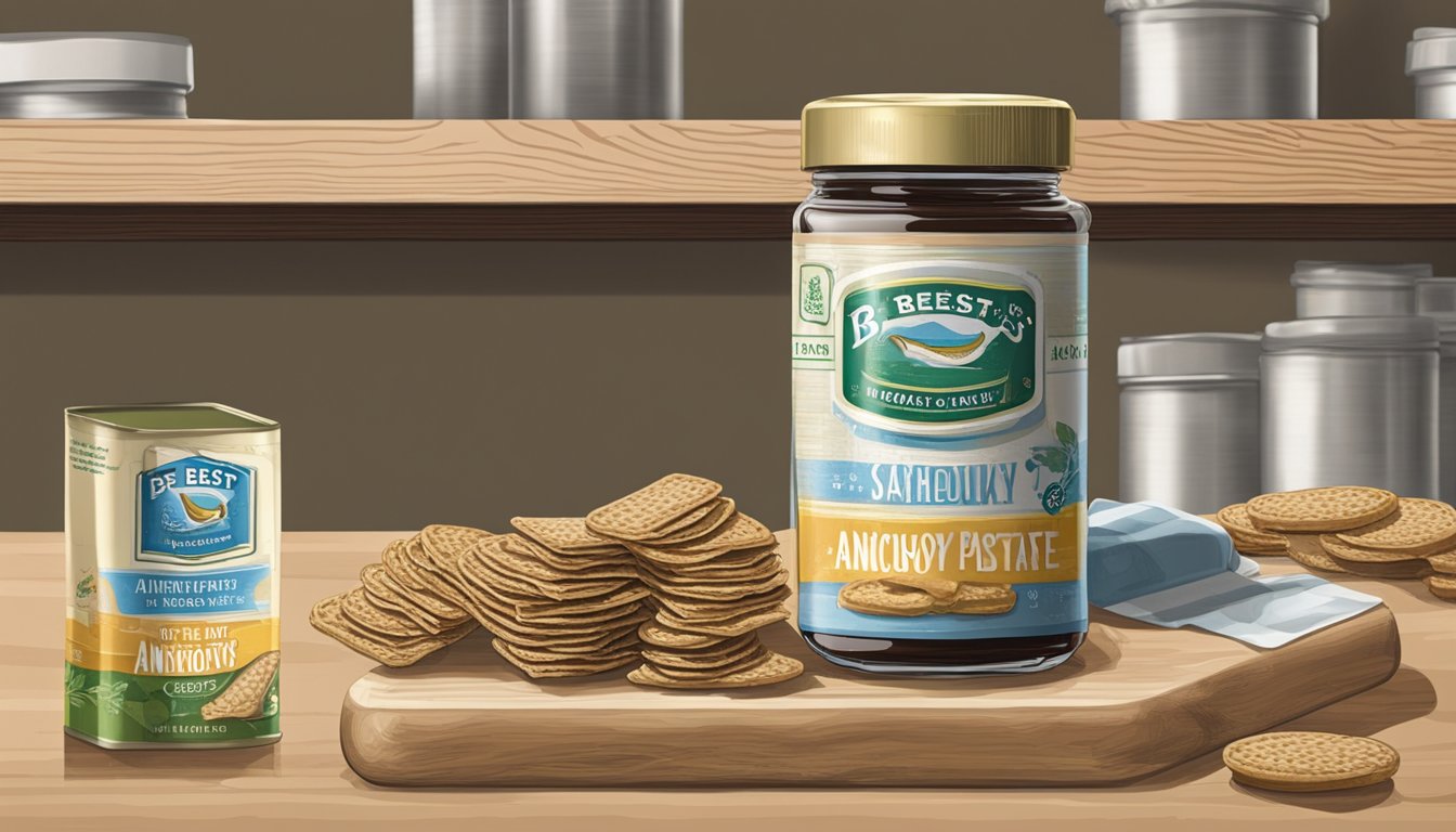 A tube of anchovy paste sits on a shelf, with a "best by" date clearly visible. Nearby, an open jar of the paste is shown being spread onto a cracker