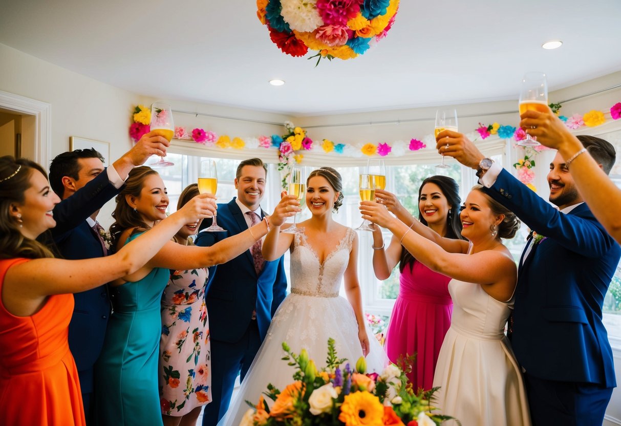 A group of friends gather around the bride-to-be, raising their glasses in a toast. Brightly colored flowers and festive decorations adorn the room, creating a joyful and celebratory atmosphere