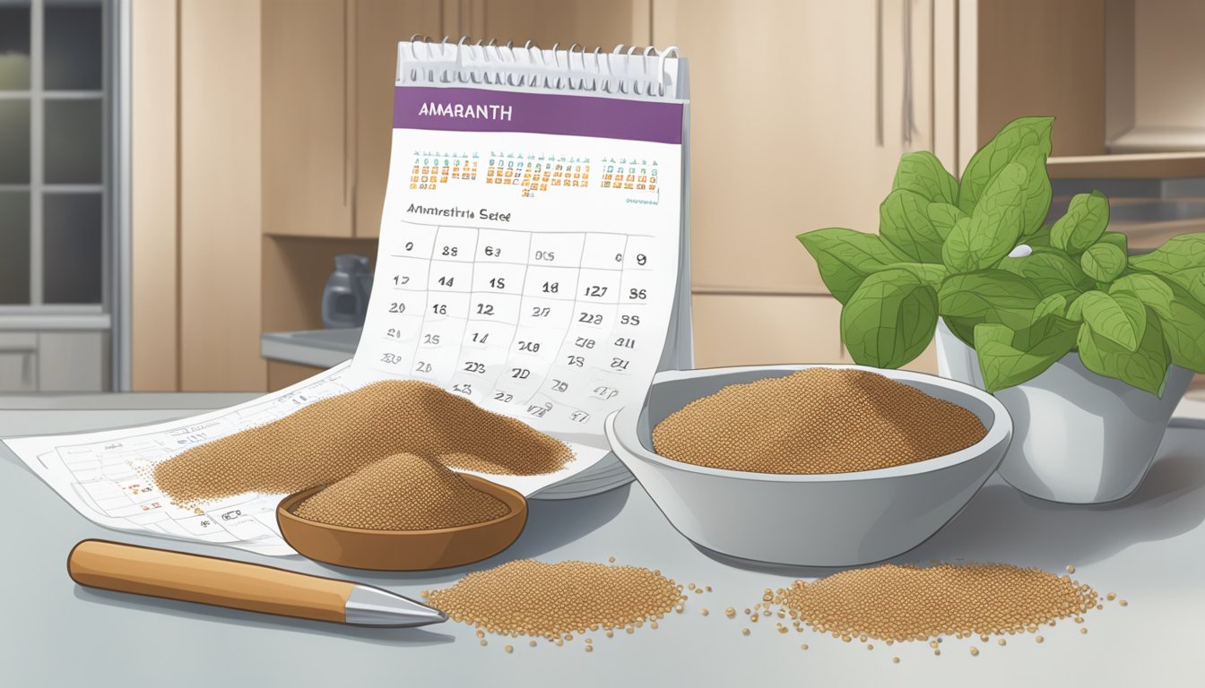 A bag of amaranth seeds sits on a kitchen counter next to a calendar. The seeds are in a clear, airtight container, and the calendar shows the current date