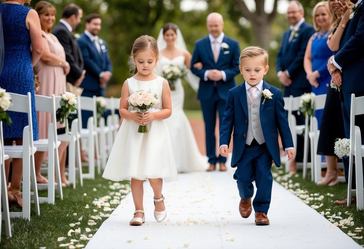 A flower girl scatters petals down the aisle, followed by the ring bearer carrying the wedding bands