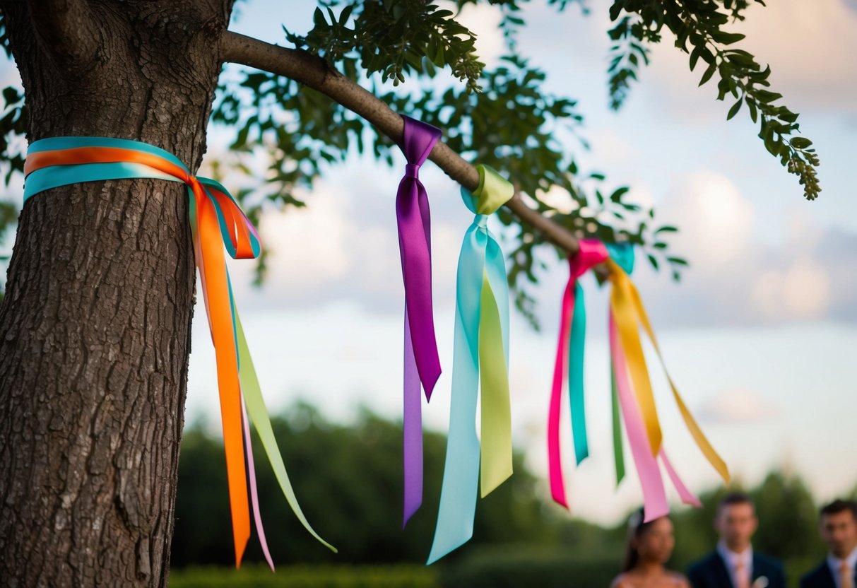 A group of colorful ribbons tied to a tree, swaying gently in the breeze, symbolizing the presence and support of close friends at the ceremony and reception