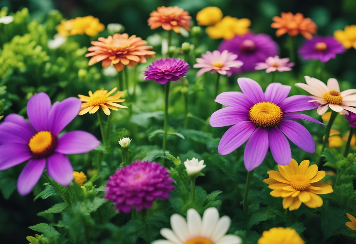 A colorful array of flowers arranged in various patterns and shapes, surrounded by lush green foliage in a well-maintained garden bed