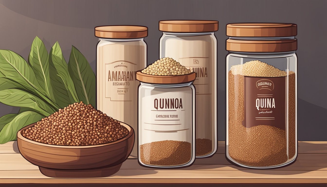 A bag of amaranth grains sits on a pantry shelf, next to containers of quinoa and rice. The grains are small and round, with a deep reddish-brown color