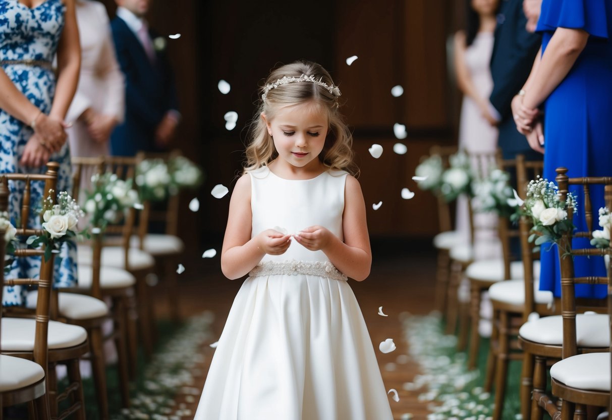 A flower girl walks down the aisle, scattering petals