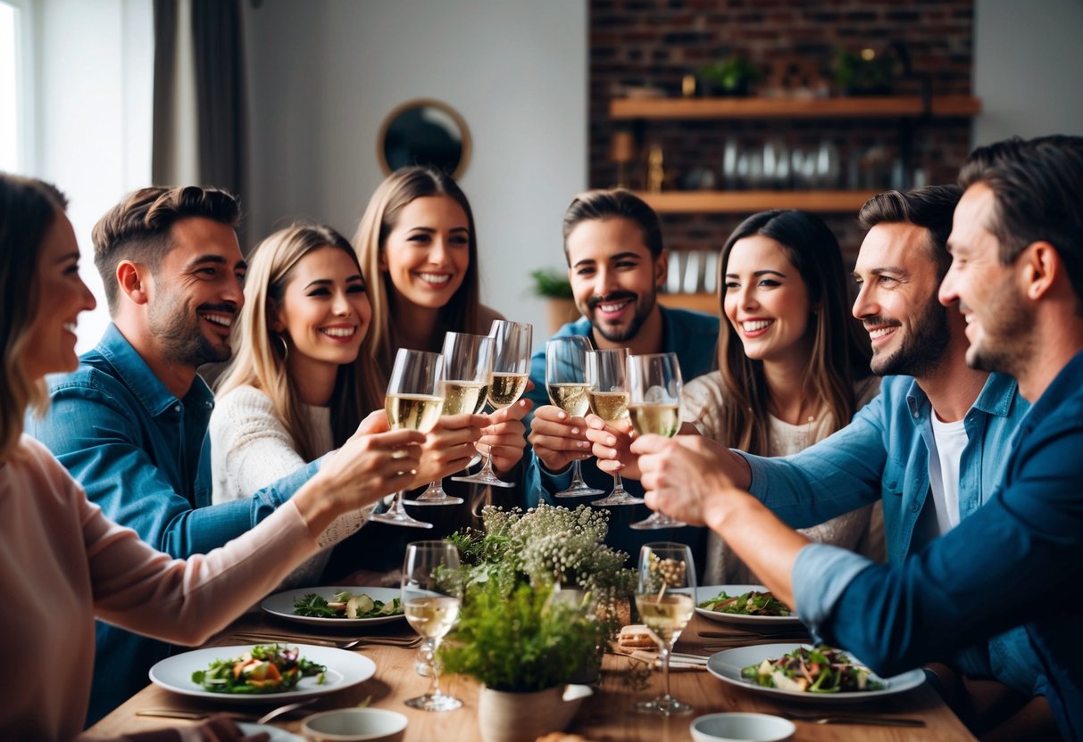 A group of friends gathered around a table, raising their glasses in a toast, smiling and laughing together in a cozy and intimate setting