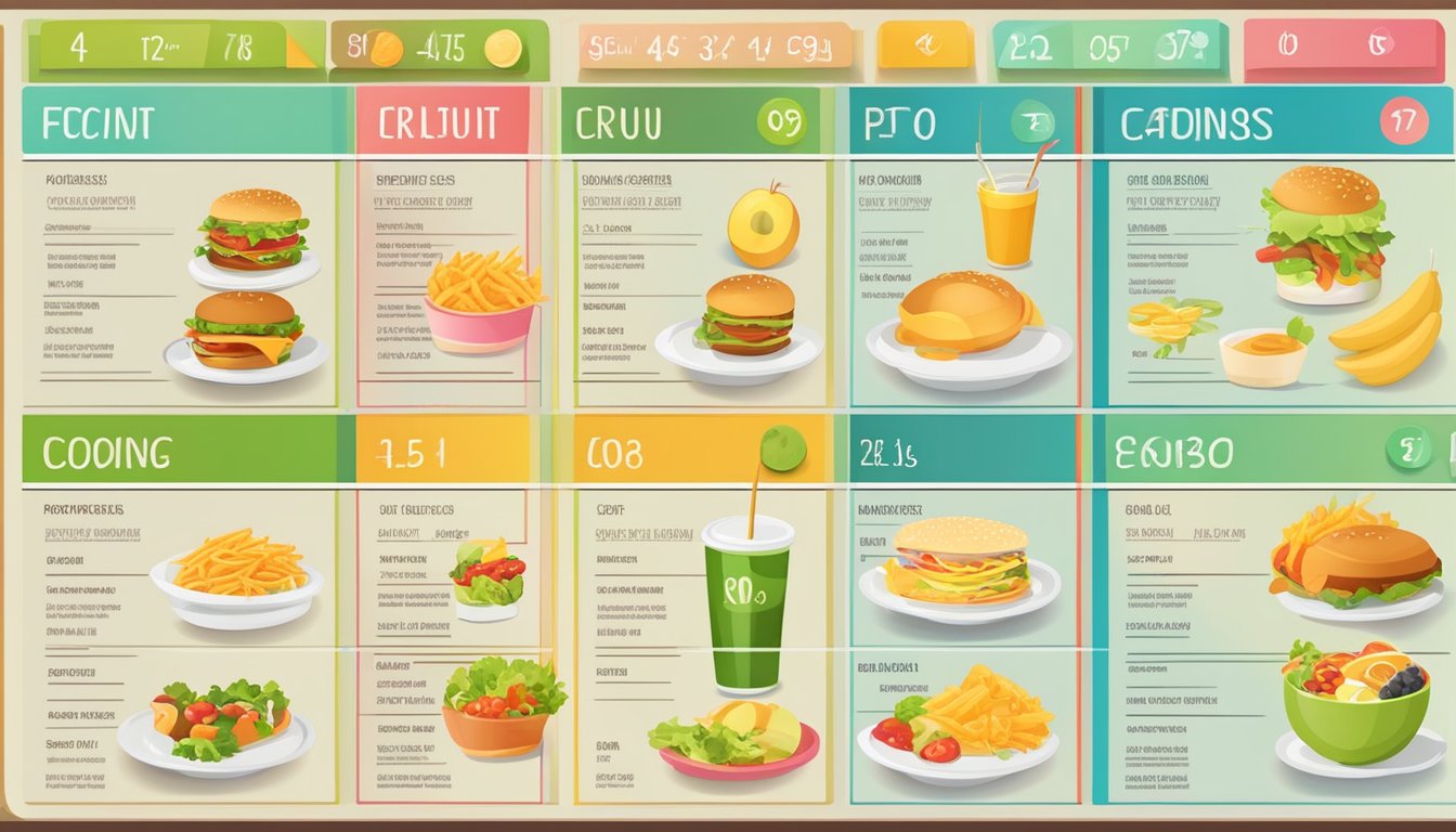 A colorful menu board with various food items and their corresponding calorie counts displayed