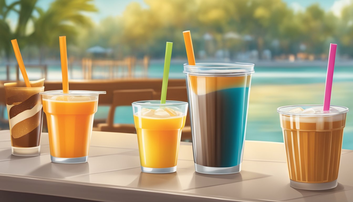 A table with a variety of breakfast beverages from Whataburger, including coffee, orange juice, and iced tea, displayed in colorful cups and glasses