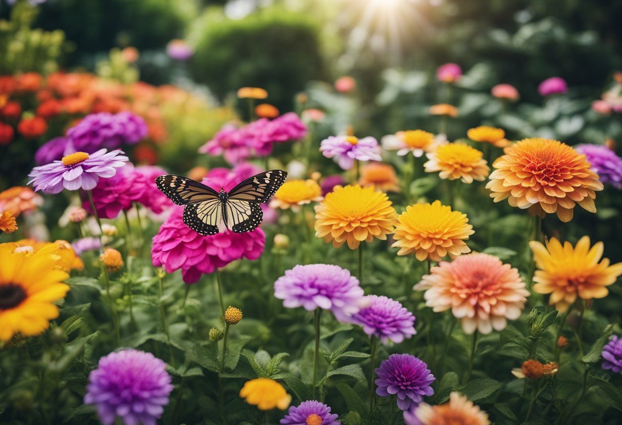 A vibrant garden with 15 unique flower beds, filled with colorful blooms and fluttering butterflies