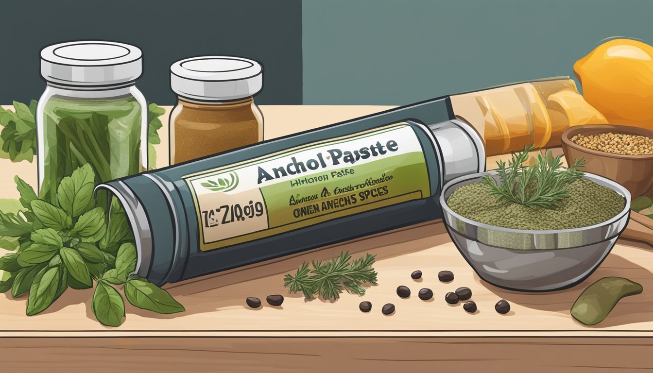 A small tube of anchovy paste sits open on a kitchen counter, next to a variety of fresh herbs and spices. The tube is nearly empty, indicating frequent use