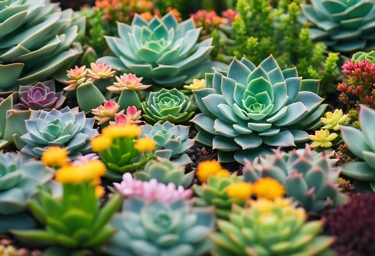 A variety of colorful succulents and flowers arranged in a garden bed, creating a vibrant and visually appealing spread