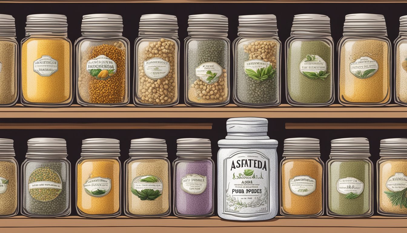 A small jar of asafoetida powder sits on a pantry shelf, surrounded by various spices and herbs. The lid is slightly ajar, hinting at its pungent aroma