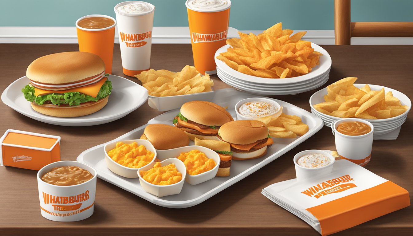 A table set with Whataburger breakfast items and branded merchandise